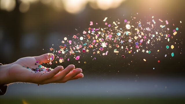 Hand releasing colorful sparkles into the air.