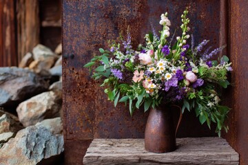 花束が置かれた鉄の壁の前の木の台