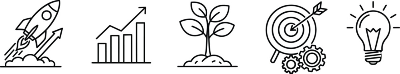 Set of five business development vector illustration icons including rocket growth target and idea isolated on white background