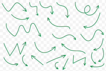 Squiggly red arrow set. Chalk elements in flat style. Doodle movement spiral arrows, scribble, lines. Hand drawn pencil brush for icon, children sketch. Vector illustration on white background.