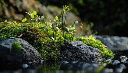 Lush green moss and tiny plants on dark rocks by a stream