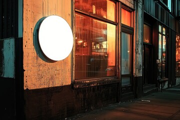Empty circle sign on weathered building facade at night