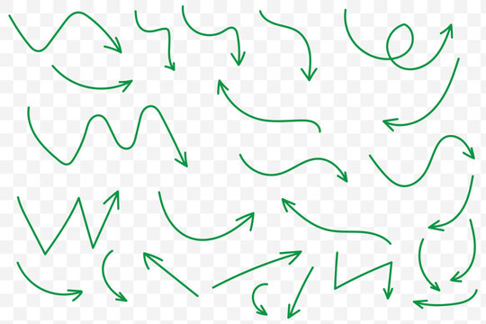 Squiggly red arrow set. Chalk elements in flat style. Doodle movement spiral arrows, scribble, lines. Hand drawn pencil brush for icon, children sketch. Vector illustration on white background.