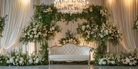 Elegant floral wedding backdrop with a cream couch