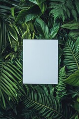 Blank white rectangle framed by lush greenery
