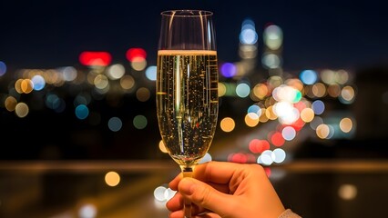 Hand holding champagne glass at night.