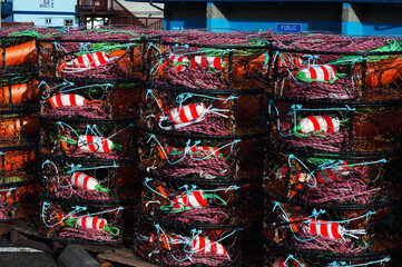 Stacks of colorful crab pots