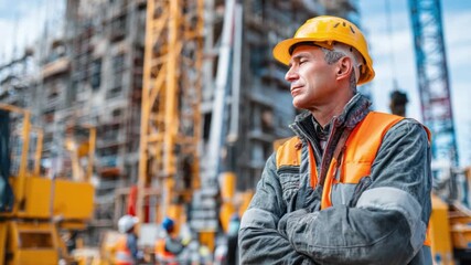 Construction worker with construction site in Background: A seasoned construction worker, clad in safety gear, gazes thoughtfully at a vast construction site, epitomizing experience, dedication.