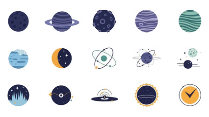 A collection of flat design icons representing various celestial bodies, planets, atoms, and space elements, perfect for astronomy and science themes. © GJ