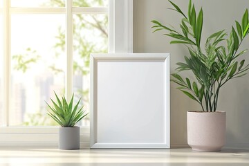 Empty white frame, plants, window