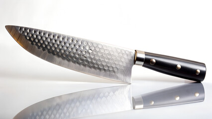 A single sharp stainless steel kitchen knife with a shiny silver blade and black handle is isolated on a white background as a professional chef tool for cutting food