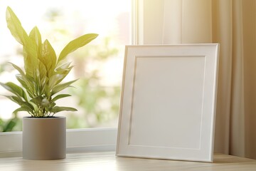 Empty white frame beside potted plant at window