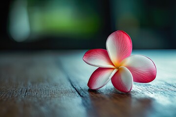 Delicate pink and white flower on wooden surface. Soft focus