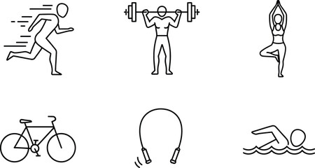 Six fitness and sports vector outline icon illustration set for active lifestyle and health isolated on white background