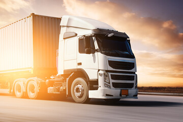 Semi Trailer Trucks Driving on The Road at Sunset. Big Rig, Tractor Truck. Shipping Cargo Container. Economy Business Transport on Road. Trucking. Freight Logistics Truck Transport.	
