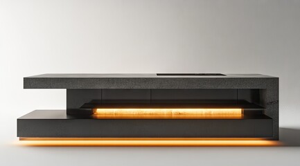 Modern, minimalist kitchen island with dark gray stone countertop and illuminated lower section