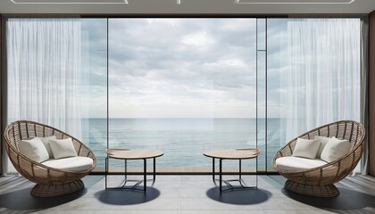 Modern Lounge Chairs Facing Ocean View Through Large Window.