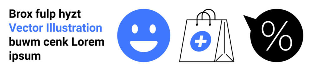 Fototapeta premium E-commerce, healthcare shopping, discounts, marketing, online sales, retail promotions. Graphic showing a happy face, a shopping bag with a medical cross and a percentage sign. E-commerce