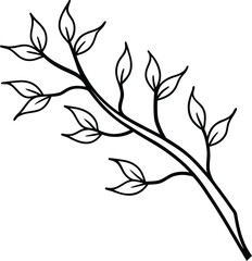 Thin black line art vector branch with leaves minimal