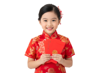 Portrait of Happy Little Asian girl in Chinese red dress holding red envelopes on white background Chinese new year concept 