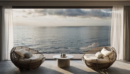 Modern Luxury Resort Balcony Overlooking Serene Ocean Vista.