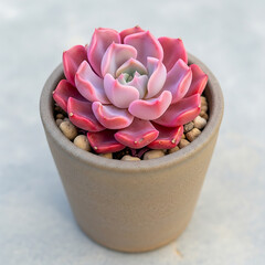 A colorful succulent plant grows in a simple pot filled with light brown pebbles.