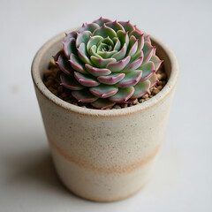 A colorful succulent in a speckled pot