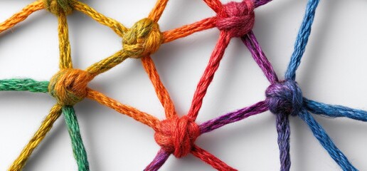 Colorful knotted cords create a web on white, suggesting network or connection