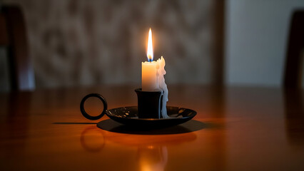 A lit candle in a holder on a wooden table.