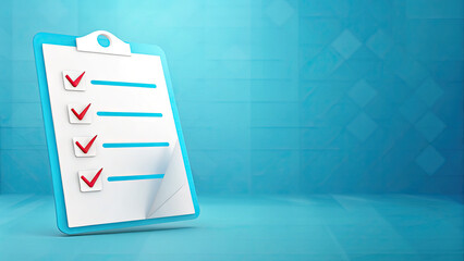 3D white clipboard with task management checklist concept. A checklist with checkmarks against a blue background.