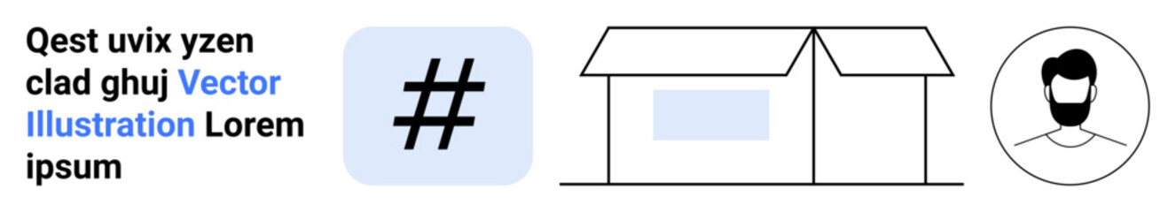 Fototapeta premium Typographic text, metadata tag icon, minimal house design, and male avatar in line art style. Ideal for digital communication, social media, personal branding, marketing, content design user