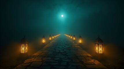 Mystical path lit by lanterns leading to a bright moon in fog.