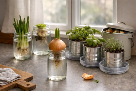 Photorealistic still-life of regrowing vegetables in glass jars and herbs in upcycled containers on a kitchen countertop, illustrating sustainable living, food regrowth, and home composting.