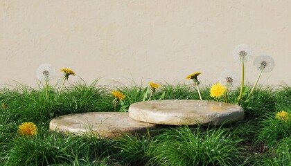 Natural Stone Pedestal Surrounded by Lush Green Grass and Dandelions.