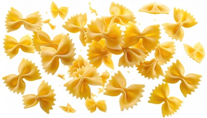 Isolated shot of uncooked bow-tie pasta pieces on white background
