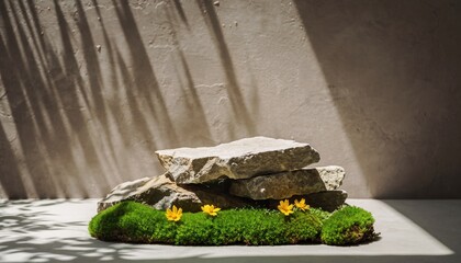 Natural Stone Podium with Moss and Flowers in Sunlight.