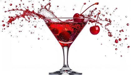 Cocktail with splash of red liquid, cherries, against white background