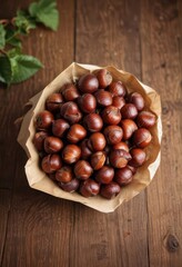 Obraz premium Aromatic chestnuts in a paper cone on a wooden table , wooden table, snack