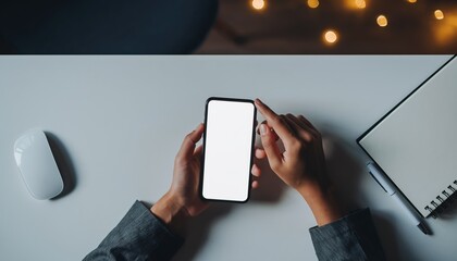 Overhead view of hands holding a smartphone with a blank screen on a desk.