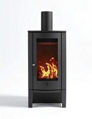 Black, modern stove with visible fire and chimney