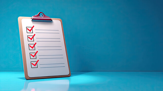 3D white clipboard with task management checklist concept. Clipboard with checklist and completed items on blue background.