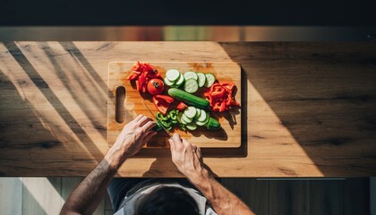 Overhead view of person preparing fresh vegetables on a wooden cutting board.