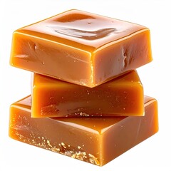 Stack of glossy, golden-brown, square caramel candies on a white backdrop