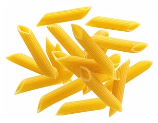 Golden penne pasta scattered against a clean white background