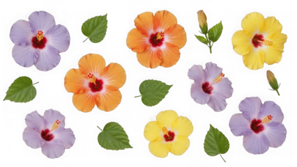 Colorful flowers and leaves isolated on transparent background
