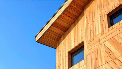 Building corner with wood siding and clear blue sky