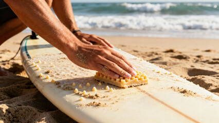 Hand Using Wax to Prepare Surfboard on Sandy Beach Near Ocean Waves