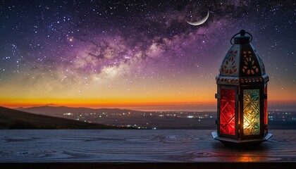 Ramadan Lantern Under Starry Night Sky with Crescent Moon.