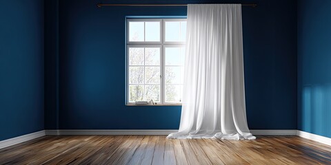 Blue room sunlit window w/white curtains, wood floor, and blue walls, empty space