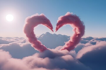 Fototapeta premium Romantic heart shaped flamingos in a dreamy cloudy sky